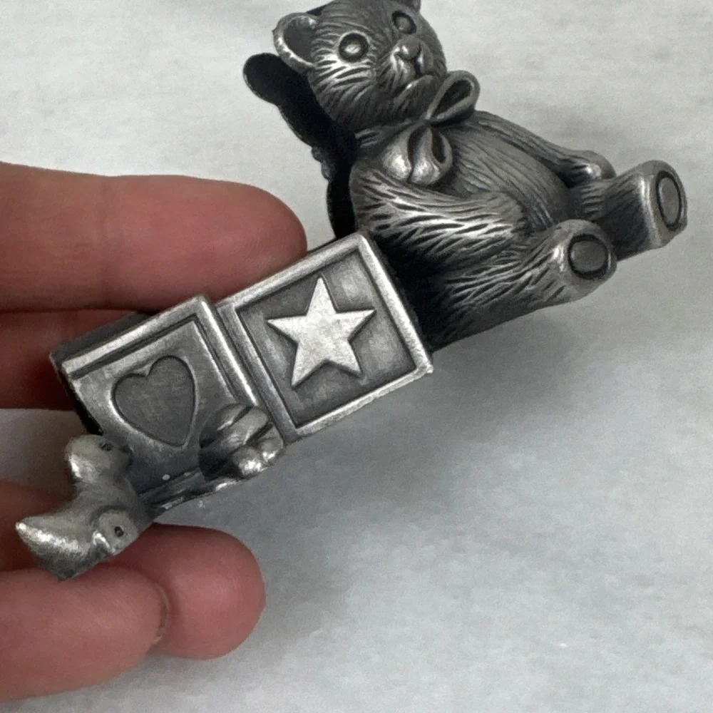 Pewter Teddy Bear Photo Picture Business Card Letter Recipe Holder Shelf Sitter